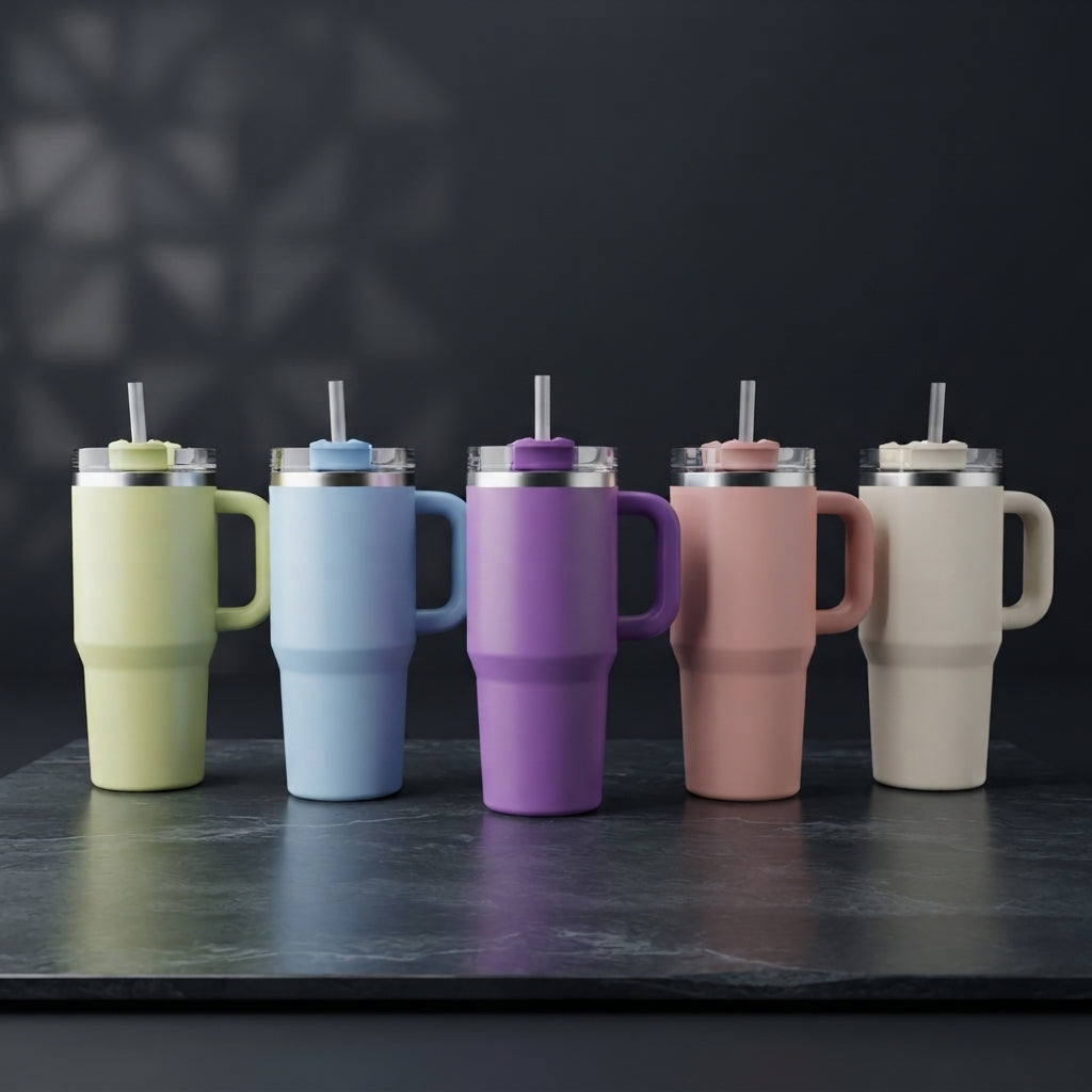 Aesthetic studio lineup of five pastel colored Range Studio insulation travel tumblers set against a dark textured geometric shadow backdrop.