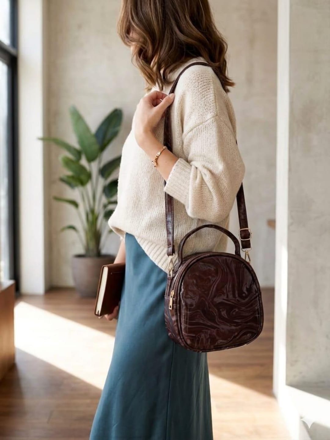 Artisanal deep espresso dark brown circular creation showcasing a rich fluid marbled surface layout tailored for contemporary wardrobes.