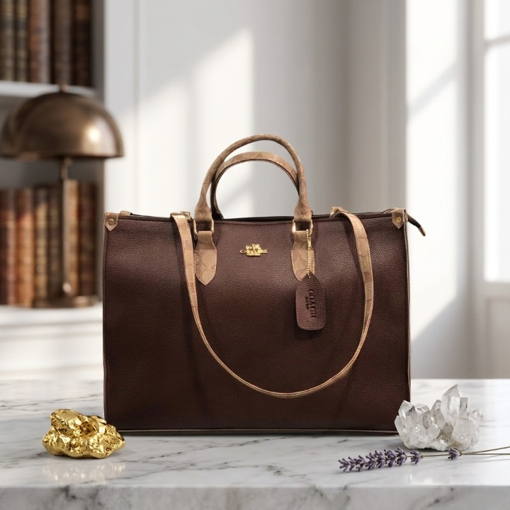 Front angle view of the Espresso Brown structural luxury carryall by Range Studio styled with gold hardware.