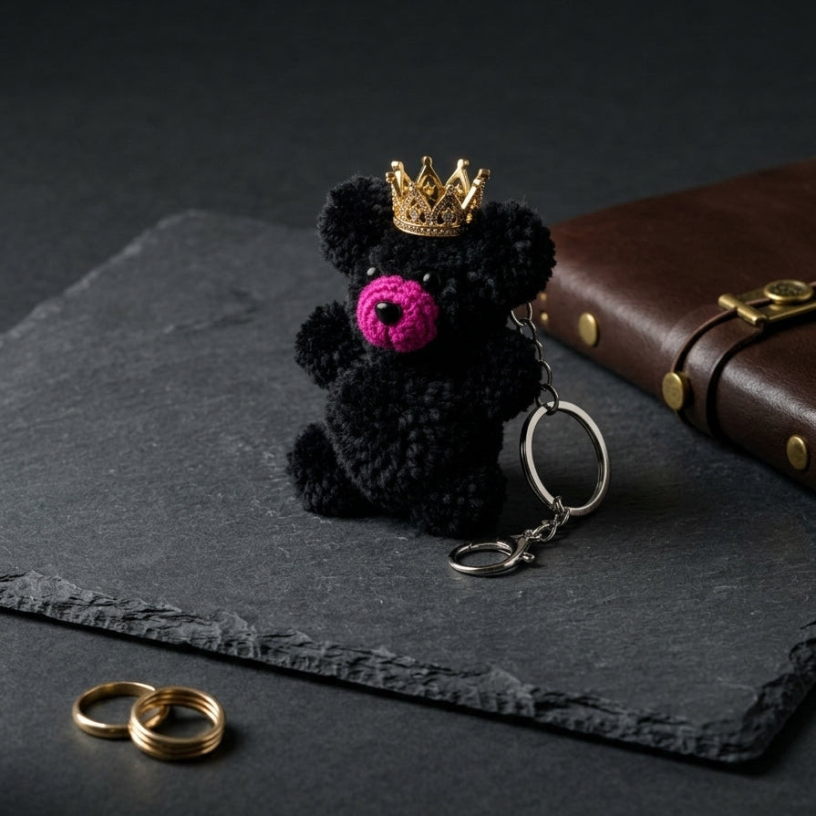 Hand-crafted plush teddy pom charm in jet black highlighting a minimalist trend in aesthetics design and sleek dark yarn.