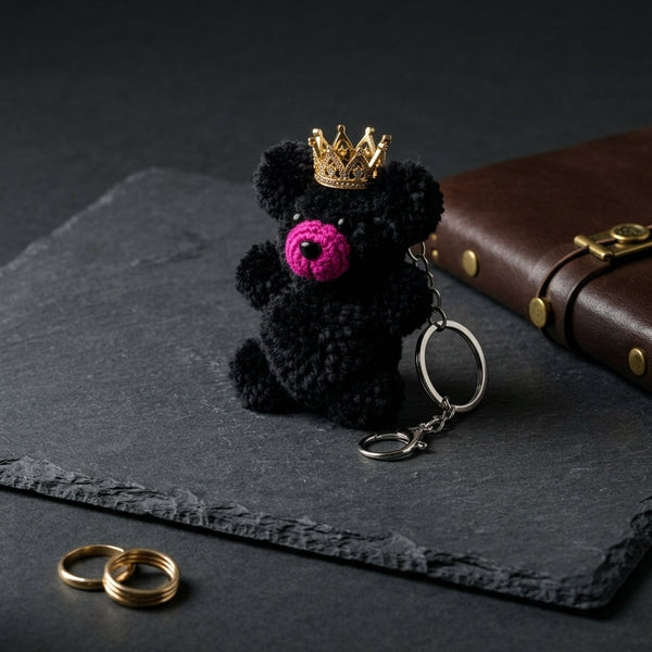 Hand-crafted plush teddy pom charm in jet black highlighting a minimalist trend in aesthetics design and sleek dark yarn.