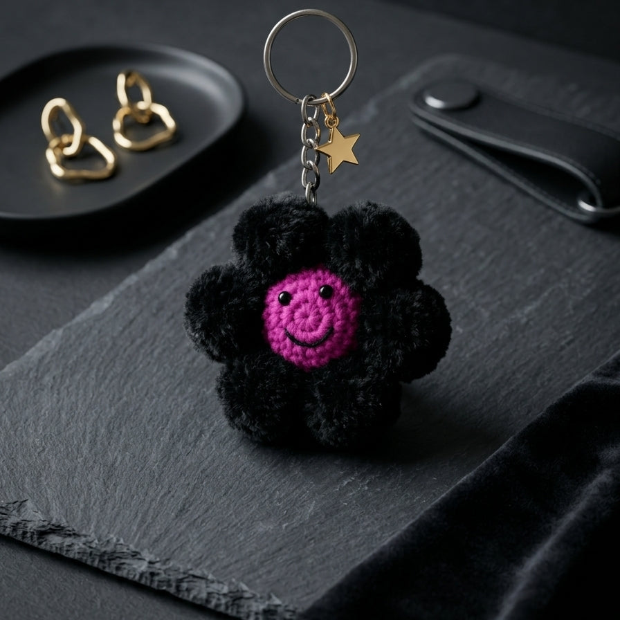 Front showcase of the Range Studio Happy Bloom Pom Charm in Charcoal Black featuring an intricate hand-woven texture and a pink smile accents. Main image