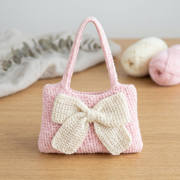 Cozy soft pink handcrafted fashion creation featuring delicate satin bow details for a charming contemporary wardrobe.