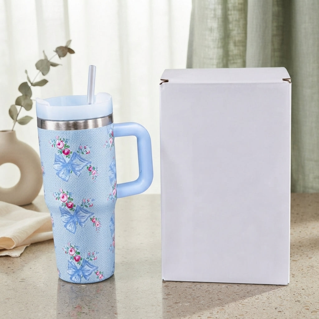 Elegant monochromatic pastel sky blue version of the trend in aesthetics thermal quencher displaying its rigid side-grip handle and clear straw layout.