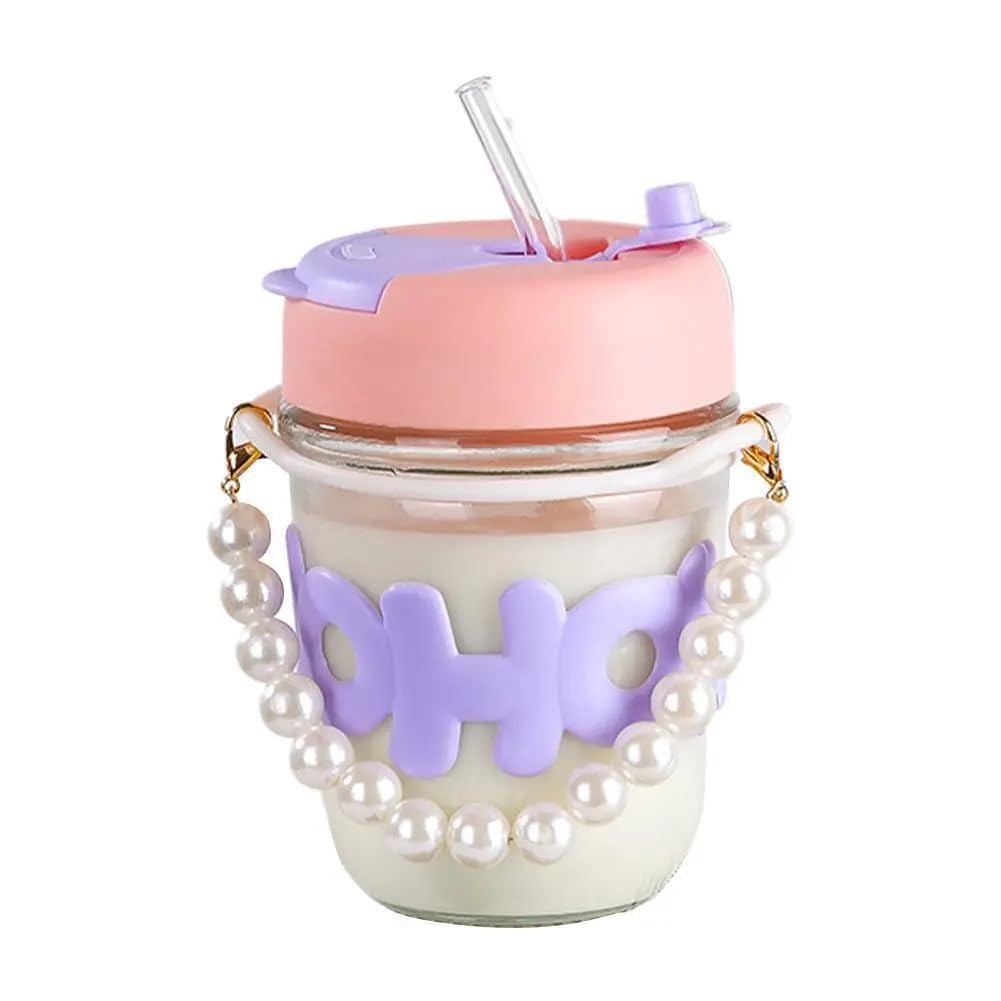 Front display of the Lavender Pastel signature bubble glass tumbler from Range Studio featuring a 3D letter sleeve and luxury pearl strap.