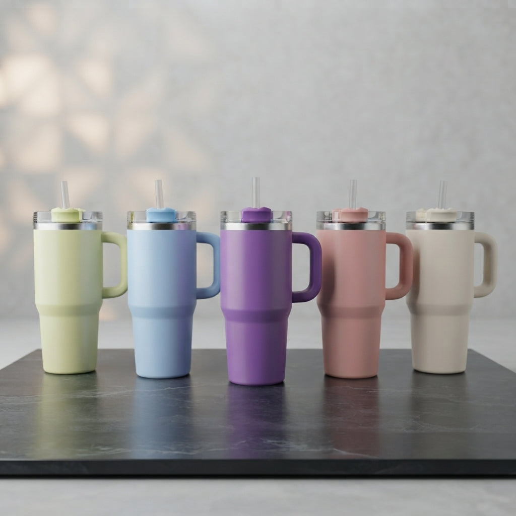 Front display row of five colorful matte Range Studio travel tumblers with handles and straws arranged on a shop display shelf.