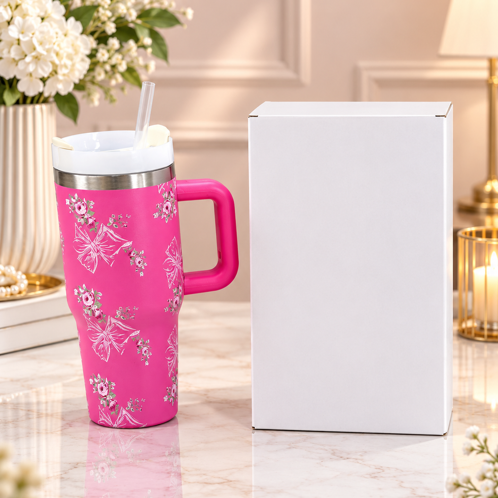 Sleek vibrant fuchsia magenta coquette bow hydration accessory showcasing a white outline ribbon print pattern tailored for contemporary wardrobes.