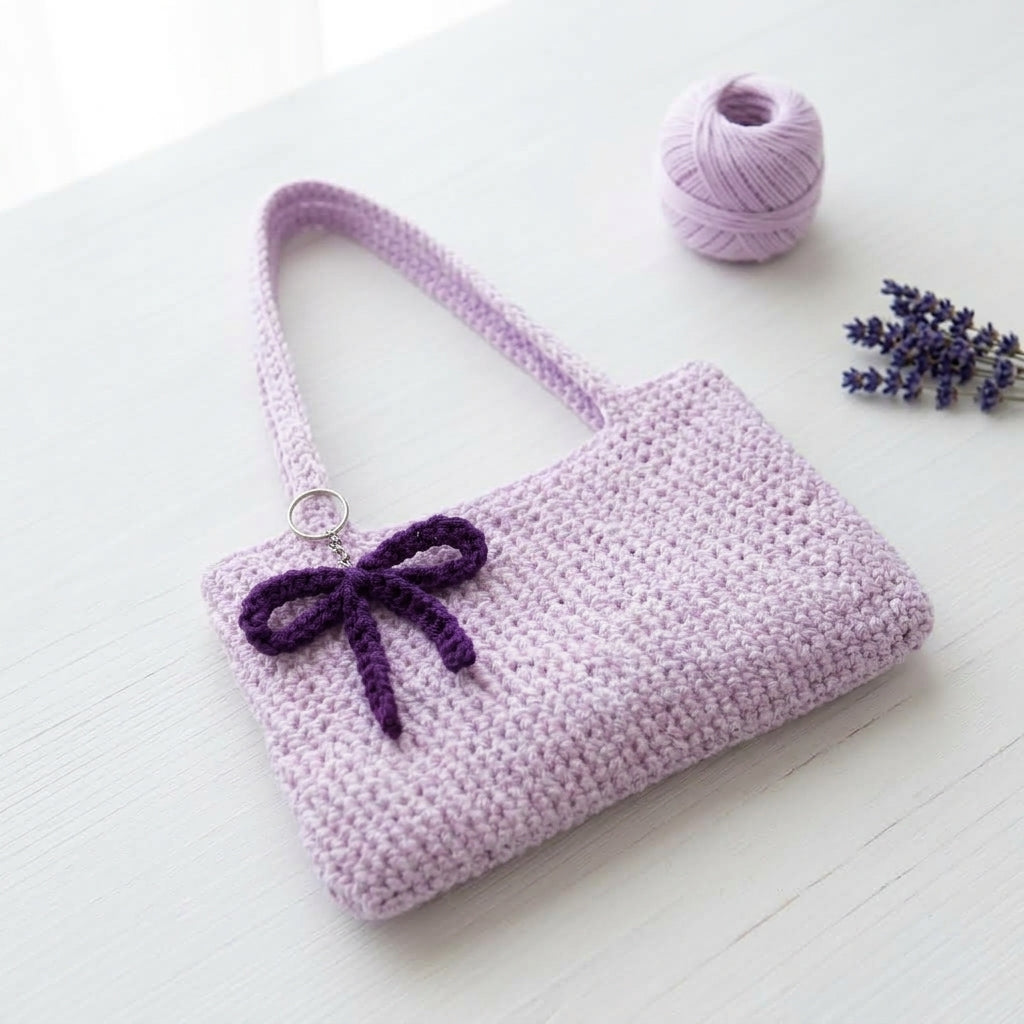 Front display of the Range Studio Ribbon & Bow Petite Tote in elegant purple featuring soft hand-woven textures and contrasting ribbon details.