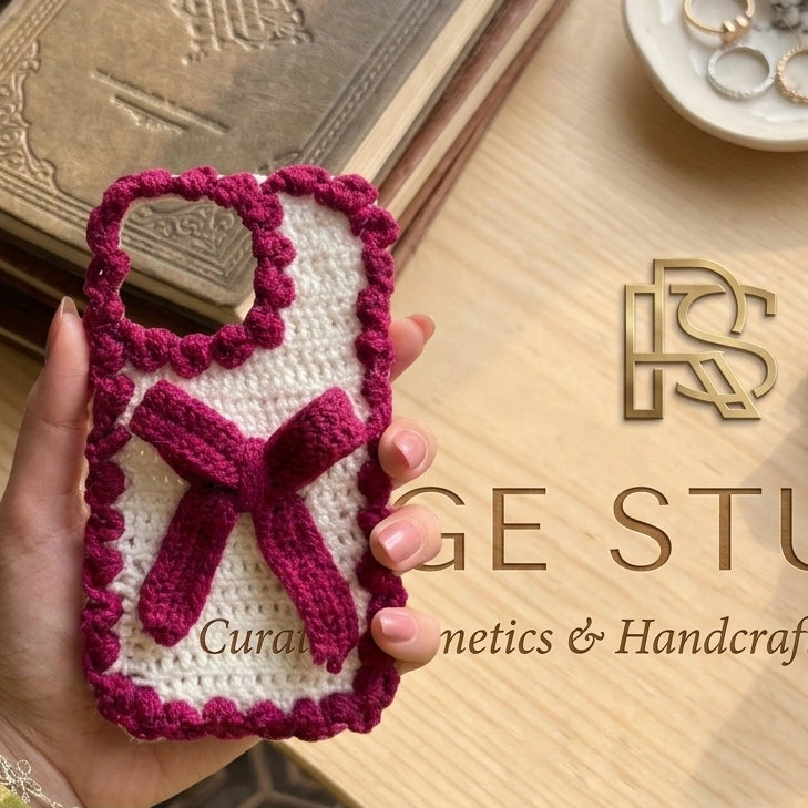 Close-up display of the vibrant red hand-crafted protective phone creation emphasizing its unique color block layout and custom floral details.