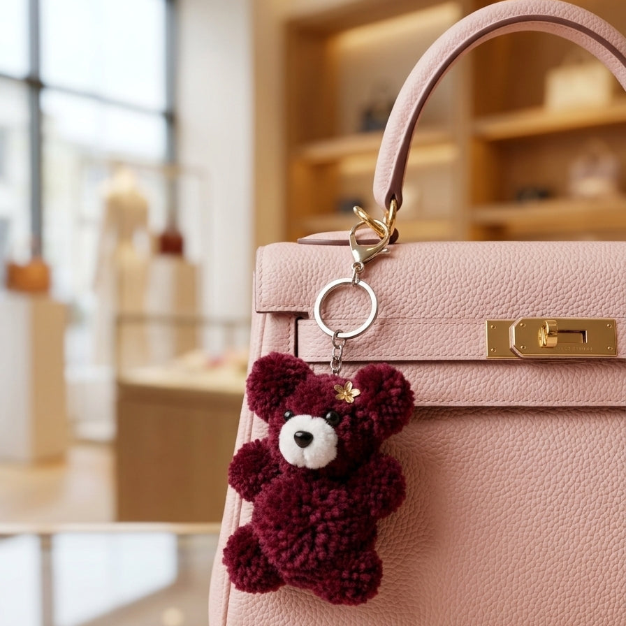 Close-up display of the vibrant red handcrafted plush charm emphasizing its rich colorway and detailed structural stitching .