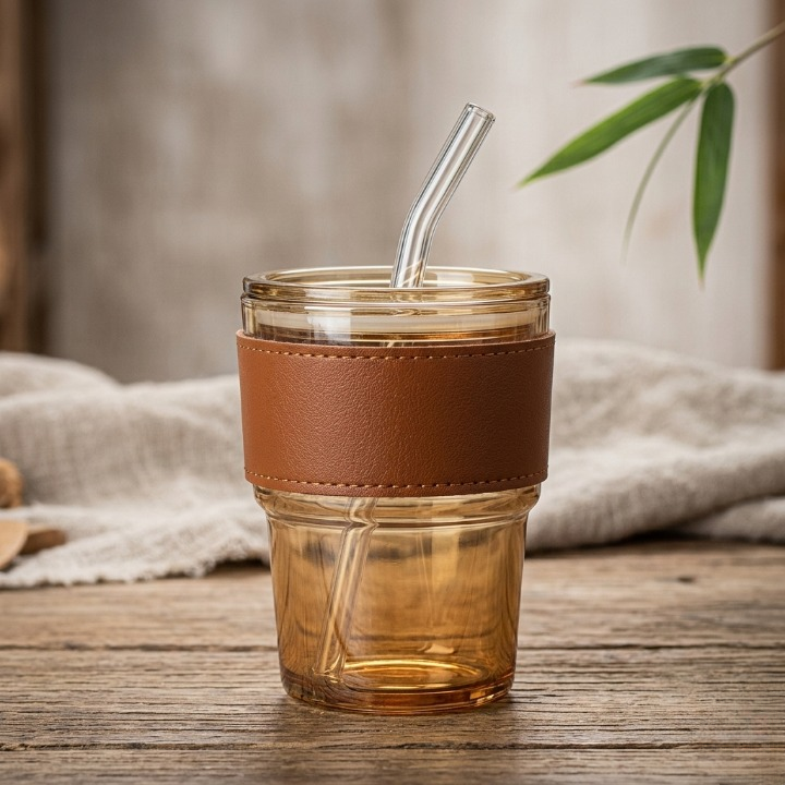 Close-up side profile of the Range Studio ribbed amber glass cup highlighting the textured vertical curves and premium stitched leather sleeve layout.