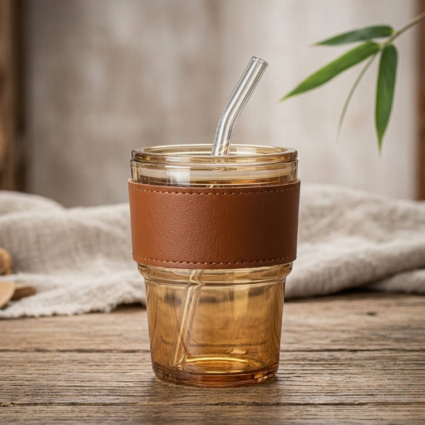 Close-up side profile of the Range Studio ribbed amber glass cup highlighting the textured vertical curves and premium stitched leather sleeve layout.