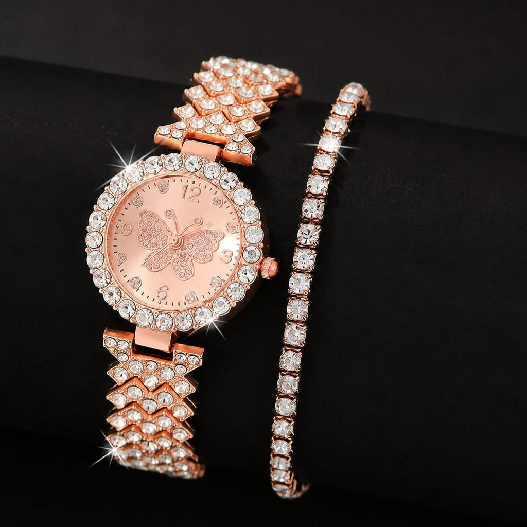 The Blush Rose Gold version Range Studio crystal butterfly round watch and tennis chain set highlighted against a dark background.