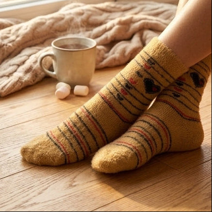 A woman wearing the Range Studio golden heart-accent rabbit wool socks while lounging by a window next to a decorated winter tree.