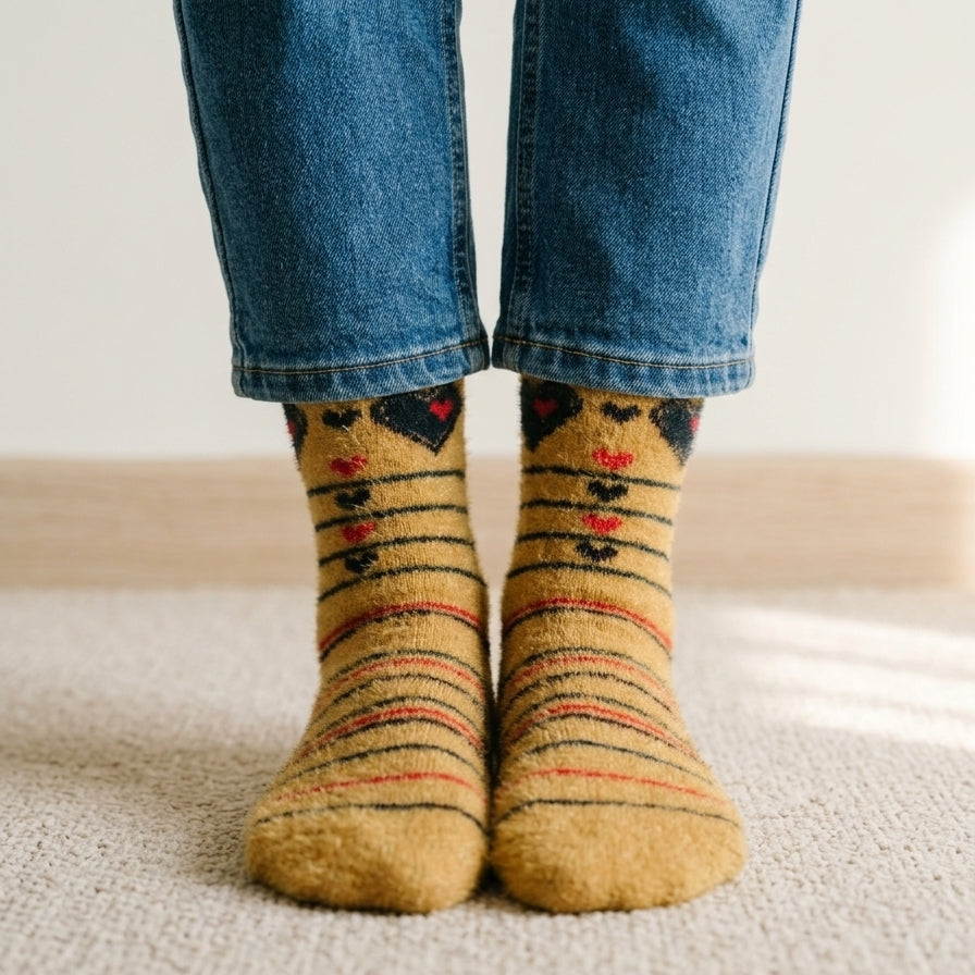 Front angle view of a person standing on a cream carpet wearing the Range Studio striped mustard-gold heart winter hosiery rabbit wool socks.
