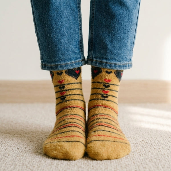 Front angle view of a person standing on a cream carpet wearing the Range Studio striped mustard-gold heart winter hosiery rabbit wool socks.