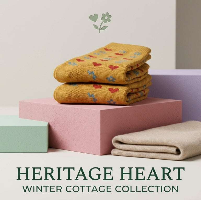  pair of folded mustard-gold Range Studio Heritage Heart cozy combed cotton winter socks stacked neatly on a pink display block.