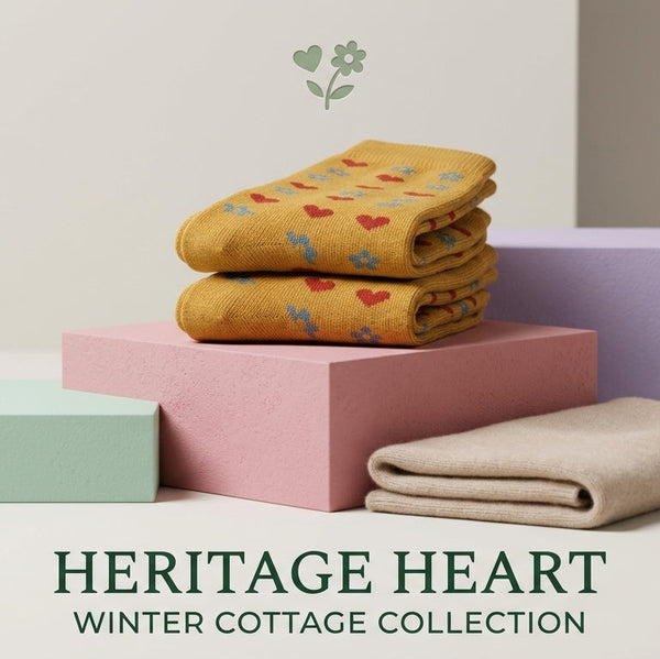 pair of folded mustard-gold Range Studio Heritage Heart cozy combed cotton winter socks stacked neatly on a pink display block.
