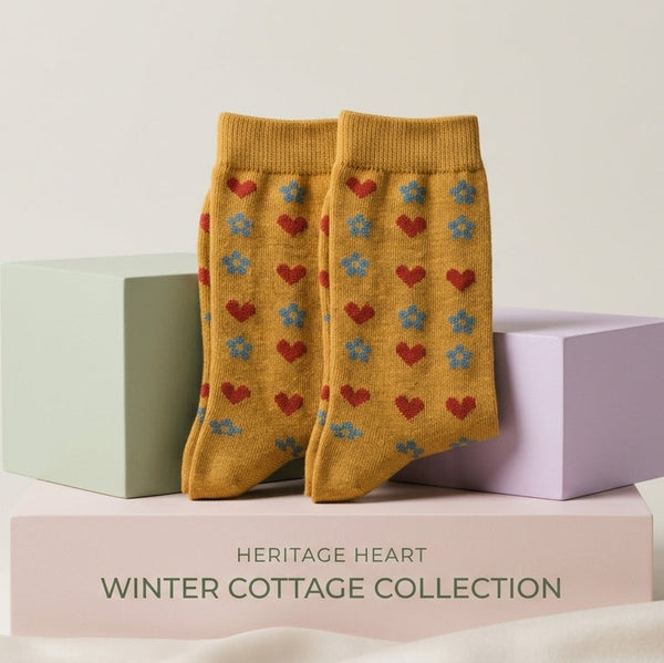 Front profile view of a pair of Range Studio Heritage Heart winter cottage collection cotton socks standing upright on a pastel block.