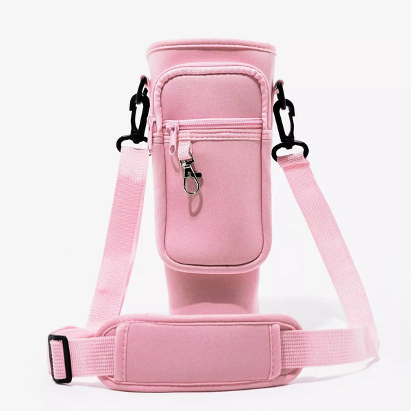 Front angle view of the Range Studio Blush Tea Pink insulated tumbler pouch highlighting the clean stitching and front metal spring-clip hook.