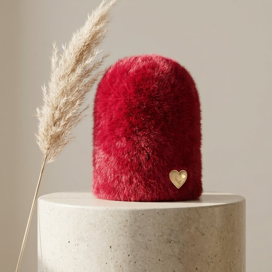 Front profile of the Crimson Ruby wine red plush rabbit wool beanie from Range Studio showing the thick fabric texture and gold heart detailing. Main image