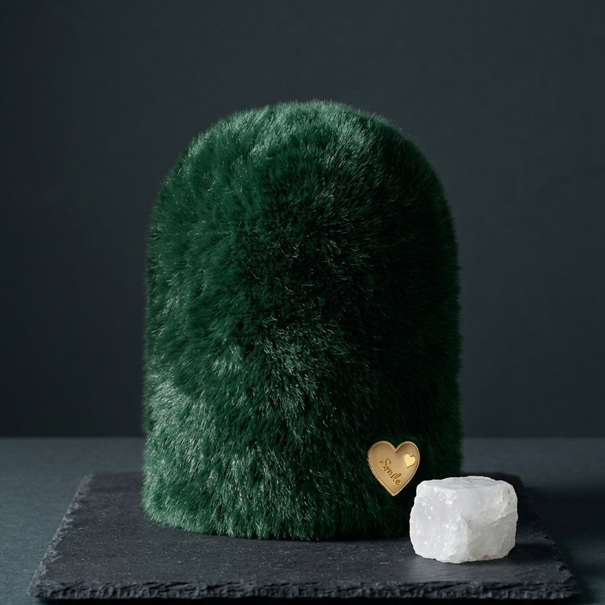 The Emerald Velvet dark green variant of the Range Studio structural plush rabbit wool beanie presented on a dark slate plaque.