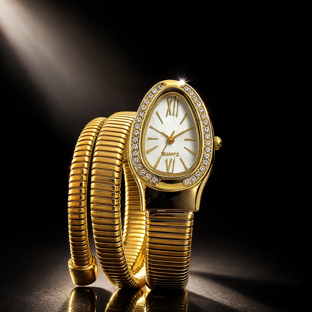 Front profile of the Imperial Gold version Range Studio Serpentine Wrap Watch highlighted under a premium spot luxury studio light beam.