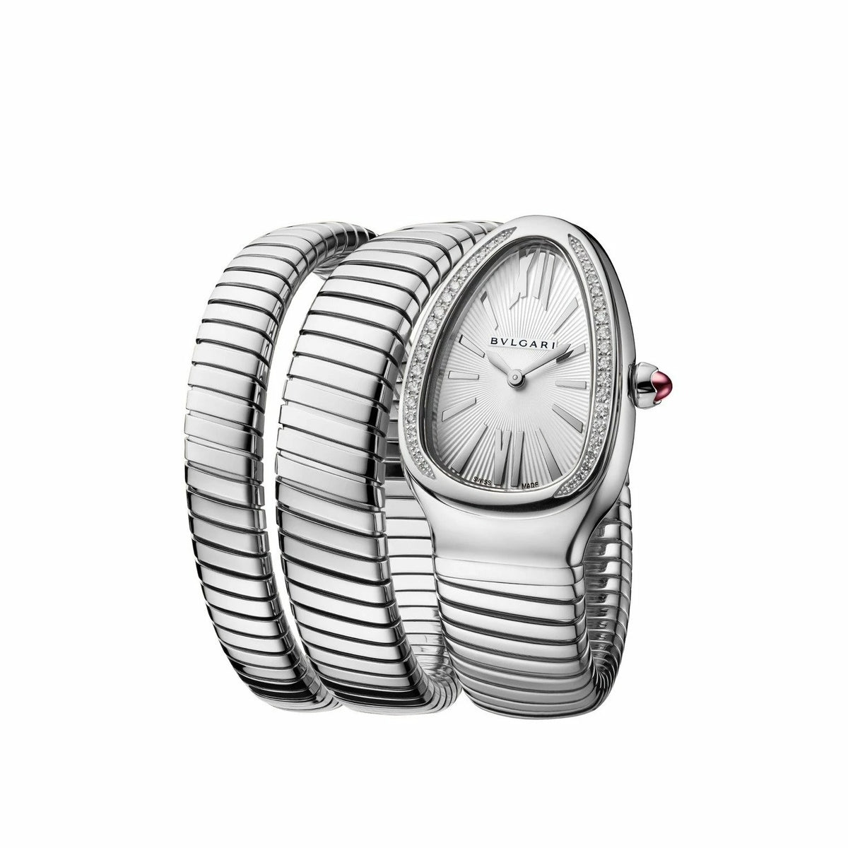 Close-up display of the high-shine Classic Silver variant Range Studio Serpentine wrap watch with crystals inside a premium display setting.