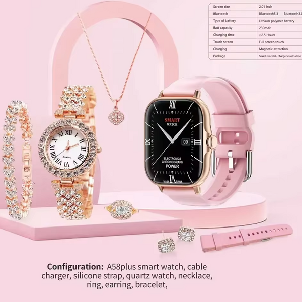 Technical specifications infographic sheet of the Blush Pink Range Studio A58 Plus smartwatch highlighting the 2.01 inch screen and 230mAh battery capacity.