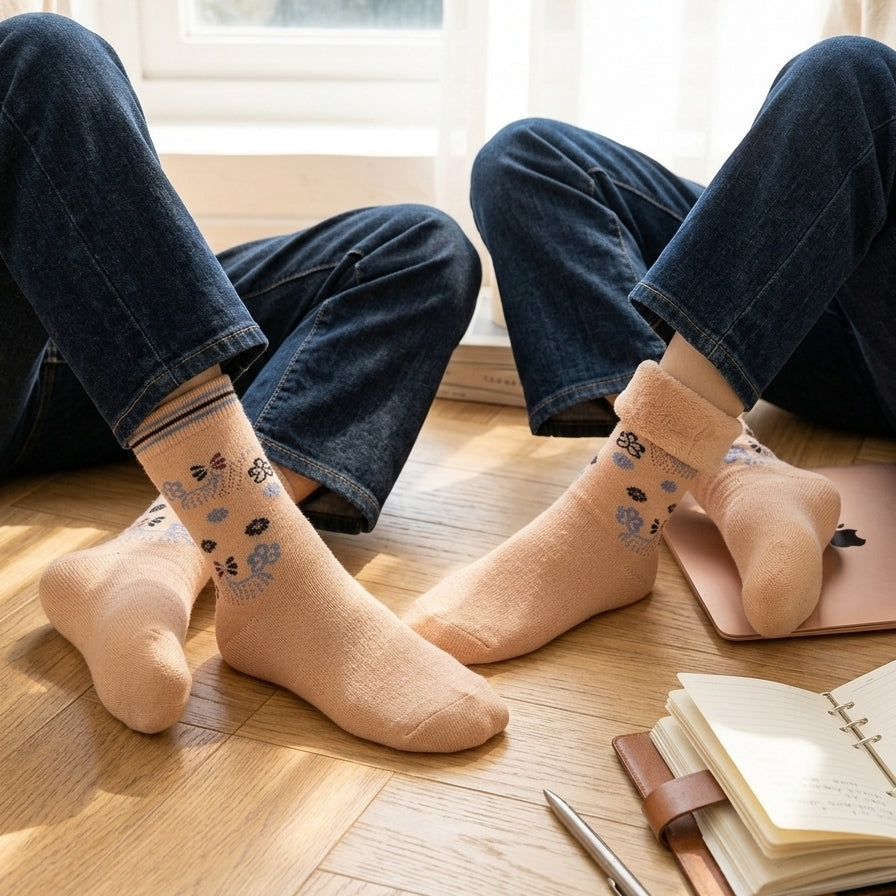 Two people wearing the Range Studio signature kitty floral sherpa-lined winter socks while relaxing on a light hardwood floor setup by a sunny window.