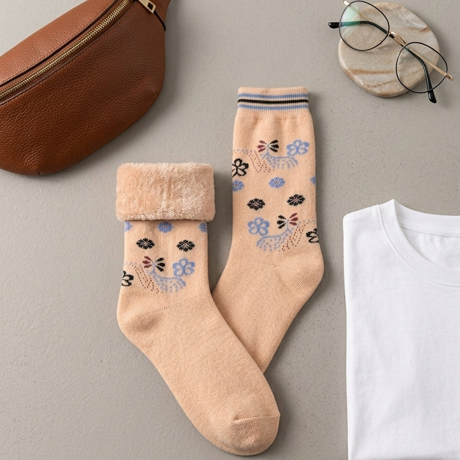 Aesthetic overhead flatlay view of the Range Studio apricot-pink floral sherpa-lined rabbit wool socks styled next to a brown leather bag, clear glasses, and a white t-shirt.